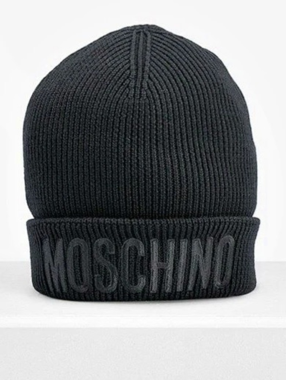 New Moschino Logo-Embroidered Ribbed Beanie Hat Black